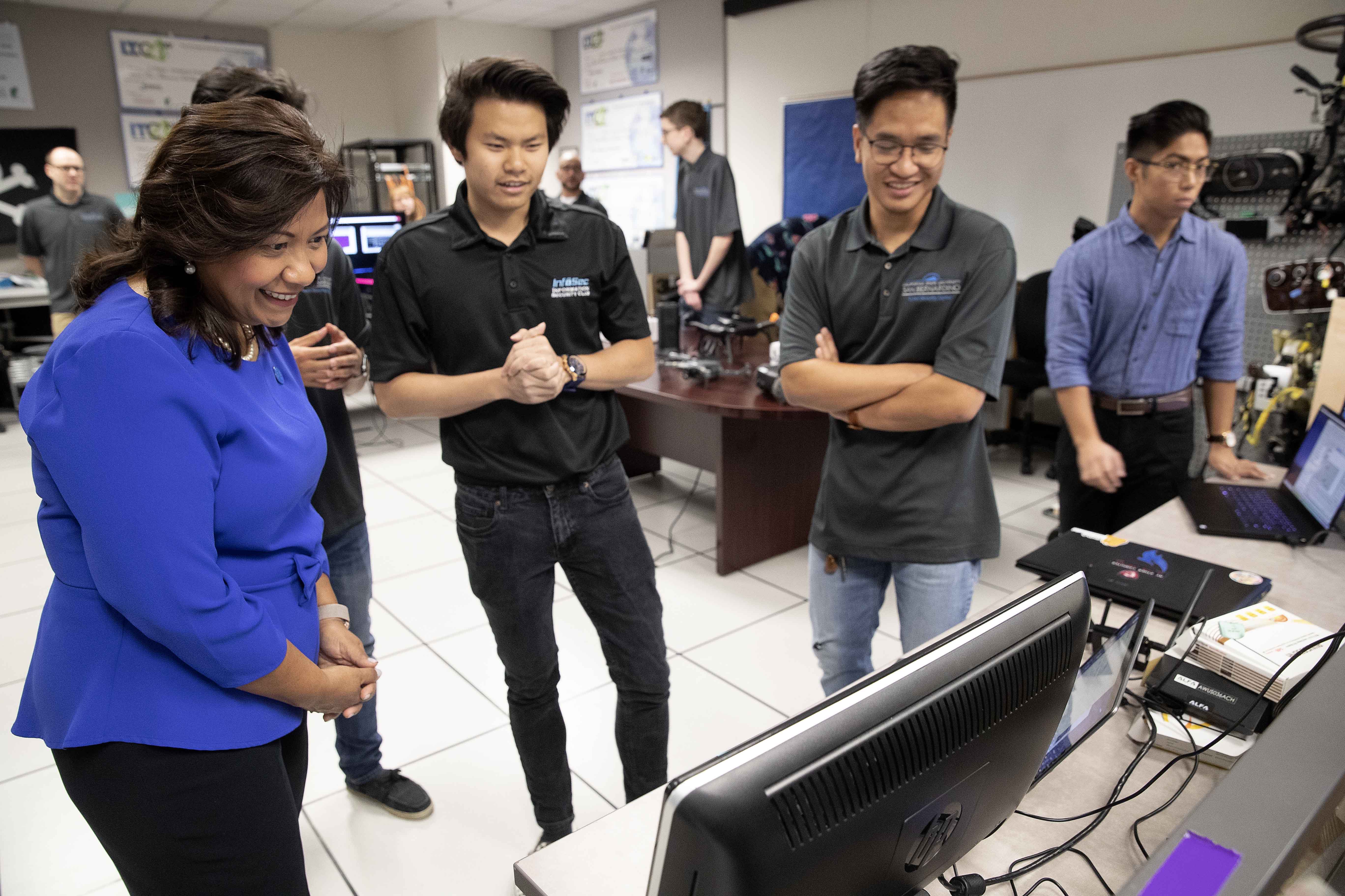 Torres’s visit included a tour of the CSUSB Cybersecurity Center 